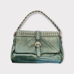 MMS Forest Green Shoulder Bag Studded Flap Woven Metal Strap Magnetic Closures